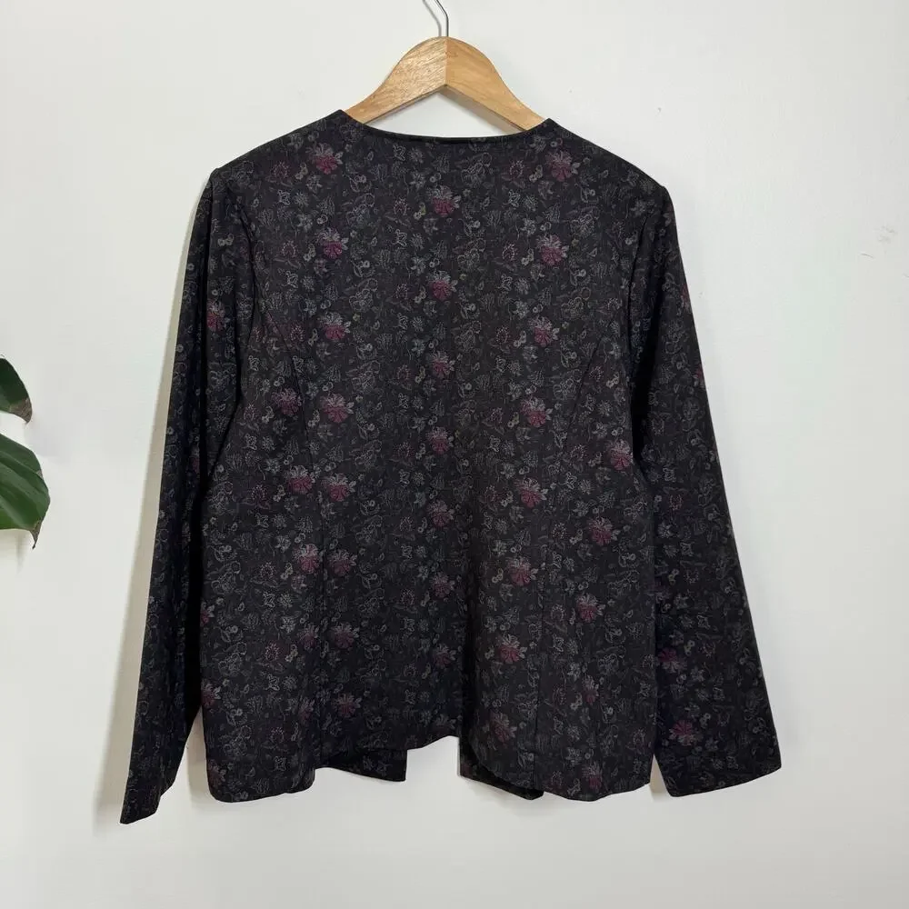 Chico's Floral Open Front Blazer Jacket Women 2 L Black‎ Officecore Career NWT